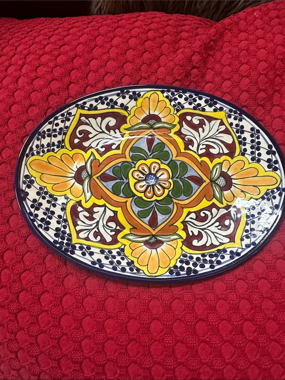 Hand-Painted oval Talavera Style Decorative Plate - Yellow, Green, Blue .